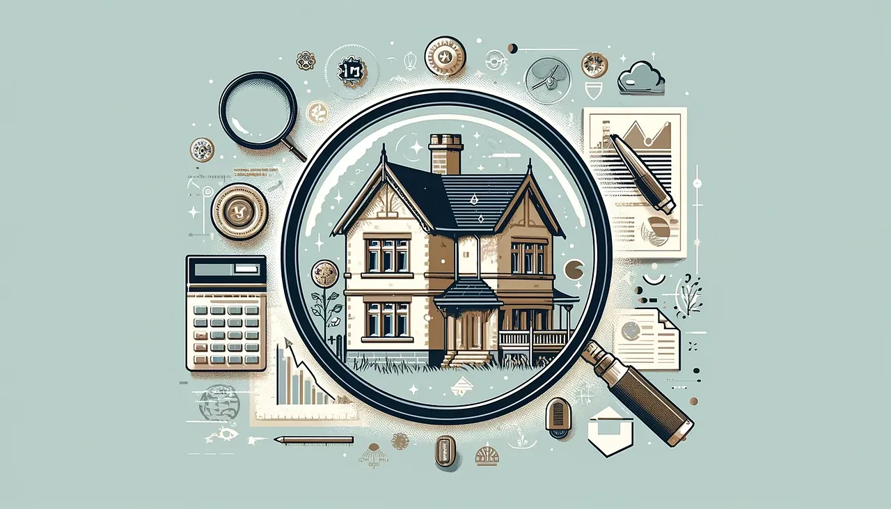 Illustration of a house inside a magnifying glass beside a calculator and documents