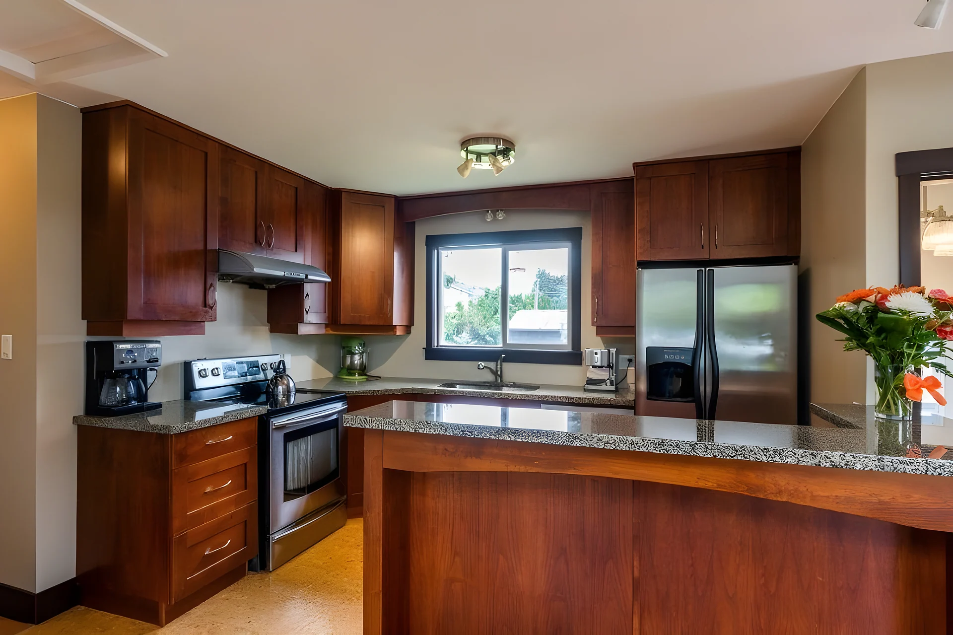 Kitchen with dark wood cabinets, granite counters, stainless appliances and a vase of flowers
