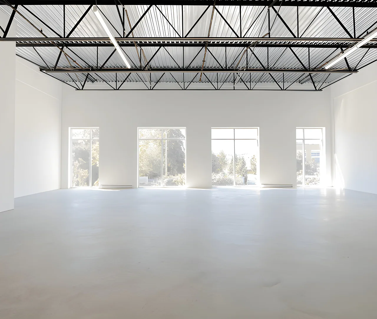 Empty industrial space with steel roof trusses and a concrete floor